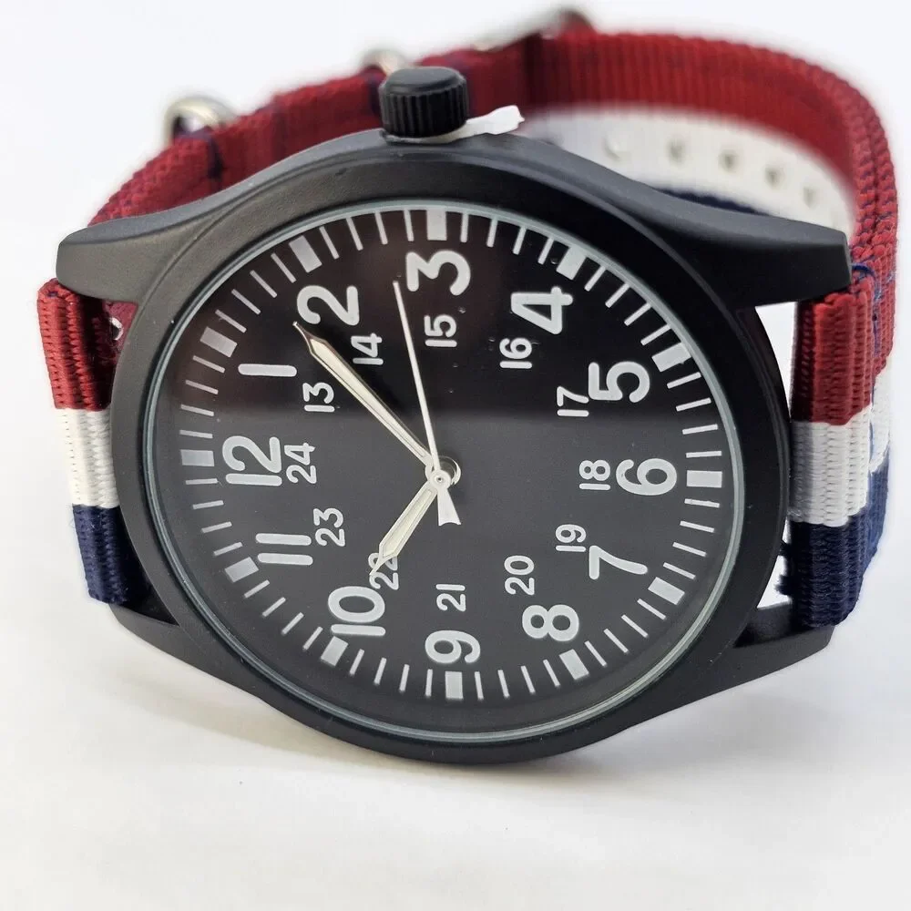 Men's 42MM Field Watch‎ Black Dial Blue White Red Canvas Band Straps New Battery